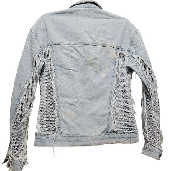 Distressed Light Wash Denim Jacket With Mesh Inserts Frayed Detailing & Button C - Picture 8 of 12